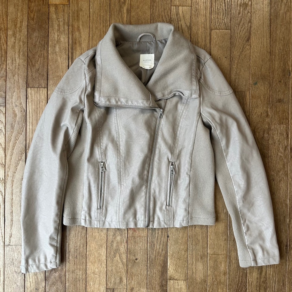 Y2K Faux Leather Taupe Moto Jacket Women's Small‎ Asymmetrical Zip Collared